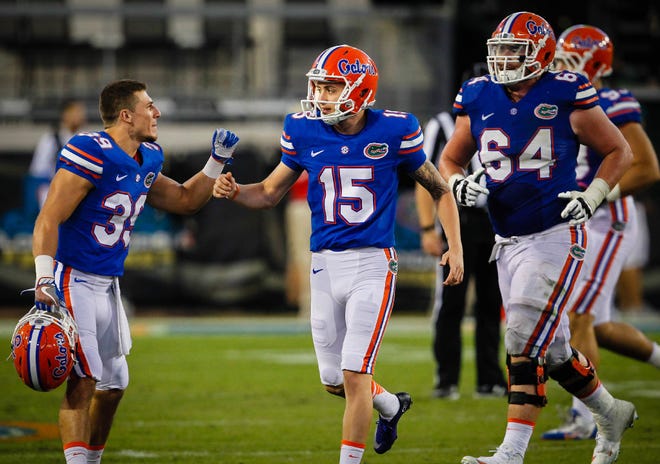 Florida Gators place kicker Eddy Pineiro (15) celebrates a fourth-quarter field goal during the second half of the Gators' 24-10 win against SEC-rival Georgia Saturday, Oct. 29, 2016 at EverBank Field in Jacksonville, Fla..