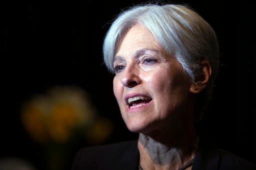 In this Oct. 6, 2016 file photo, Green party presidential candidate Jill Stein meets her supporters during a campaign stop at Humanist Hall in Oakland, Calif. Stein is on track to raise twice as much for an election recount effort than she did for her own failed Green Party presidential bid. (AP Photo/D. Ross Cameron)