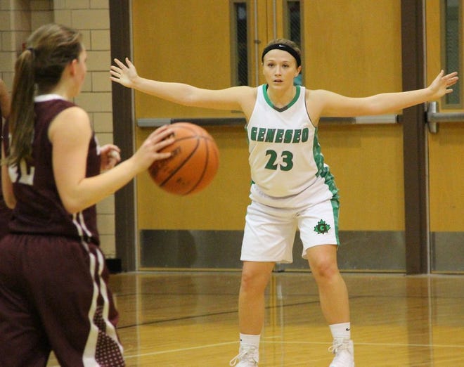 Lynsey Gradert, right, gets set on defense during Geneseo's win over Annawan at the Geneseo Temple's Tip-Off Classic.