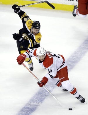 Hurricanes left wing Jeff Skinner controls the puck against Bruins center Dominic Moore in the first period of game Thursday night at TD Garden. AP PHOTO/ELISE AMENDOLA