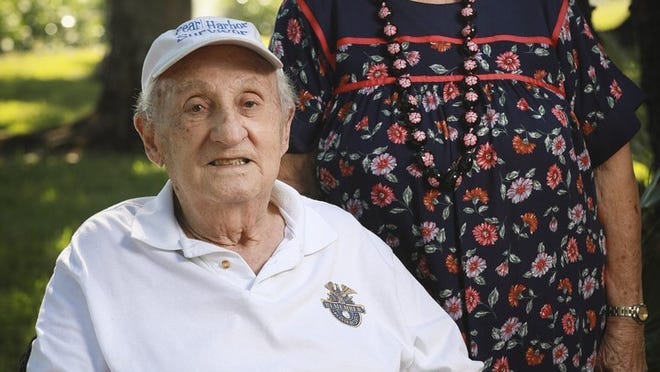Harold Shore and Ellie Welch, who were both in Oahu on Dec. 7, 1941, meet for first time, 75 years later. (Bruce R. Bennett / The Palm Beach Post)