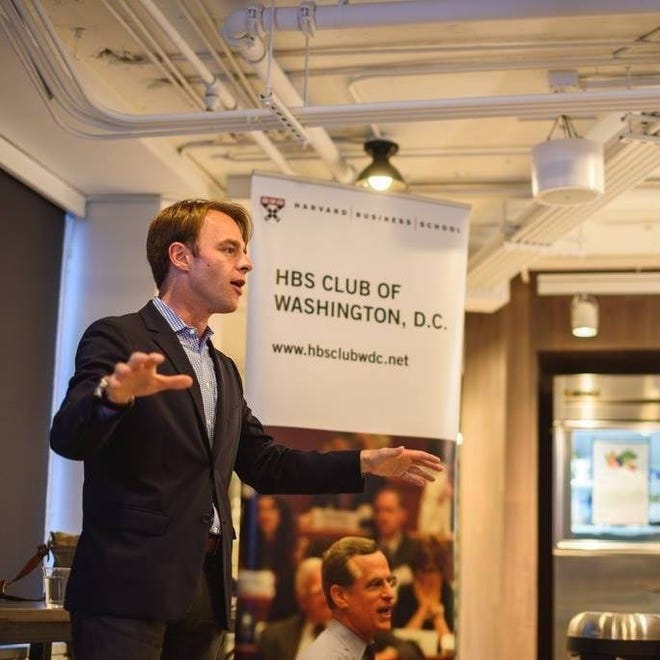 Author Patrick McGinnis, a Sanford native, discusses his new book, "The 10% Entreprenuer," at an event in Washington, D.C. earlier this year. COURTESY PHOTO