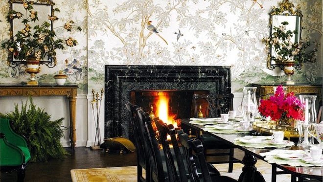Designed by Dorothy Draper & Co., the Presidential Suite dining room at The Greenbrier resort in White Sulpher Springs, W.Va., has silver wallpaper, perfect for the holidays or any time of the year. Photo by Michel Arnaud, courtesy of Dorothy Draper & Co.