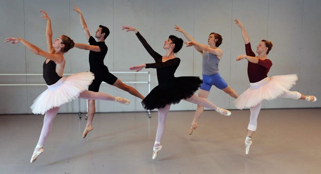 Spartanburg Ballet dance company principal dancers, from left, Nichola Montt, Will Scott, Analay Saiz, Will Robichaud, and Meghan Loman, rehearse at the Chapman Cultural Center in Spartanburg.