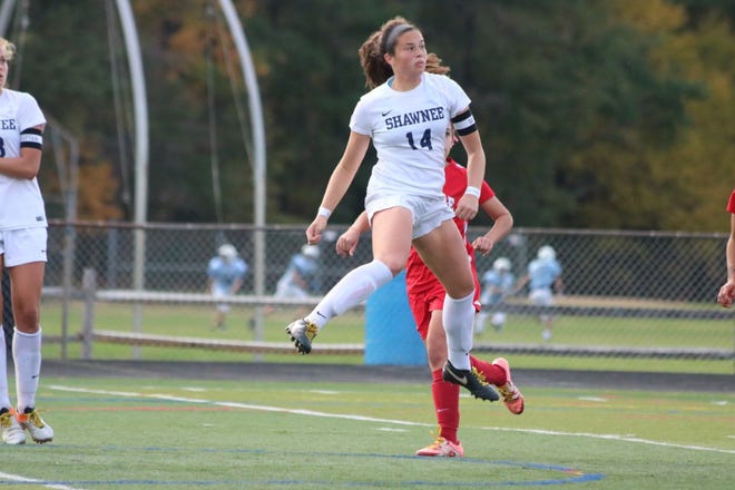 BCT Girls Soccer Player of the Year Dana Goldstein of Shawnee looks upfield during a game against Lenape.