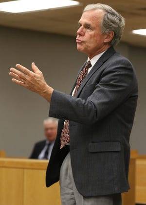 Gaston County District Attorney Locke Bell speaks in front of Judge Jesse B. Caldwell III Monday morning about moving the murder trial of Danny Hembree. MIKE HENSDILL/THE GAZETTE