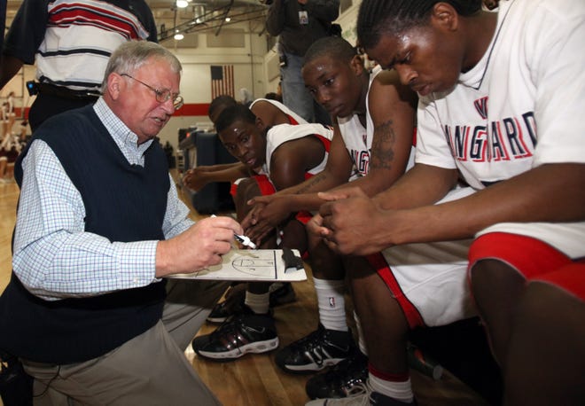 Former Vanguard head coach Jim Haley works with his team on the bench during his last game with the Knights in 2009 at Vanguard High School. (Bruce Ackerman/Staff photographer/File)