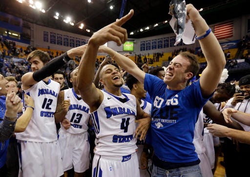 Indiana State guard Brenton Scott (4) celebrates a 72-71 win over Butler in an NCAA college basketball game in Terre Haute, Ind., Wednesday, Dec. 7, 2016. (AP Photo/Michael Conroy)