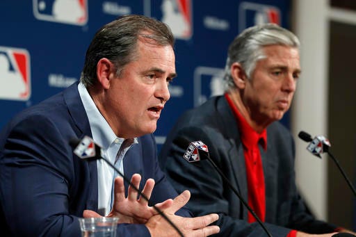 Boston Red Sox manager John Farrell, left, and Boston Red Sox president of baseball operations Dave Dombrowski answer questions from the media during Major League Baseball's winter meetings, Tuesday, Dec. 6, 2016 in Oxon Hill, Md. (AP Photo/Alex Brandon)