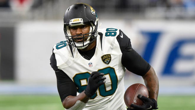 Jacksonville Jaguars tight end Julius Thomas (80) runs during the first half of a game against the Detroit Lions. (Associated Press)