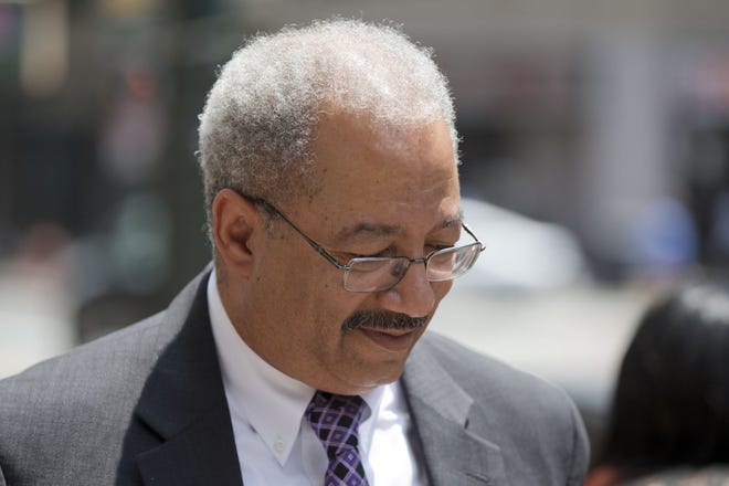FILE- In this June 21, 2016 photo, Rep. Chaka Fattah, D-Pa., walks after leaving the federal courthouse in Philadelphia. Federal prosecutors are seeking a sentence of 17 to 21 years for the former Pennsylvania congressman convicted of a racketeering scheme that included a string of illicit financial moves to cover up an illegal $1 million campaign loan. (AP Photo/Matt Rourke, File)