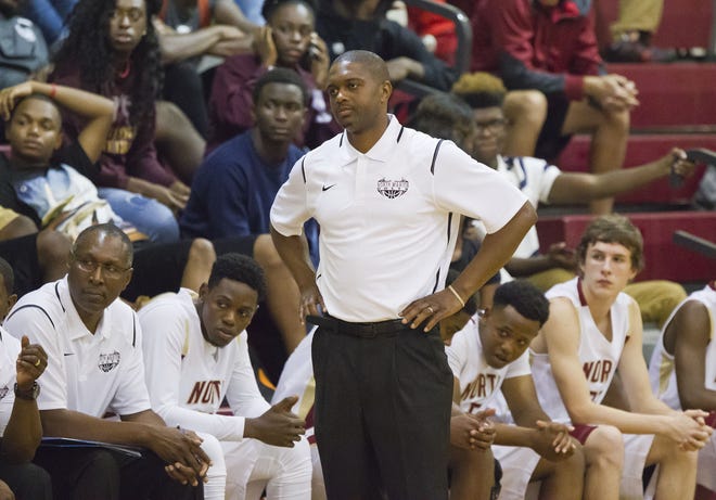 North Marion boys basketball coach Tim Yarn coaches his players during the Colts' 58-49 win against West Port on Nov. 19, 2015 at North Marion High School in Sparr. Yarn and the Colts will play Williston on Saturday during the 16th annual Tim Brinkley Memorial Shootout at NMHS. (Doug Engle/Staff photographer/FILE)