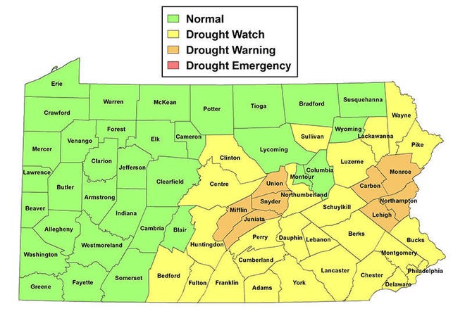 A Pennsylvania DEP map depicts the 34 counties under a drought watch or warning.