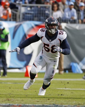 The Patriots will have to stop Broncos outside linebacker Von Miller if they hope to win on Sunday. AP Photo