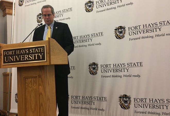 Mark Bannister, dean of the Robbins College of Business and Entrepreneurship at Fort Hays State University, talks about the donation from High Plains Farm Credit on Wednesday afternoon in McCartney Hall.