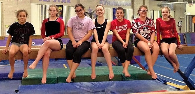 The Spaulding High School gymnastics team includes, from left, Noelle Garcia, Alanna Inglis, Gabby Ferro, Annie Beikman, Taryn Grant, Shannon O’Conno and, Gabby Hanscom. Courtesy photo