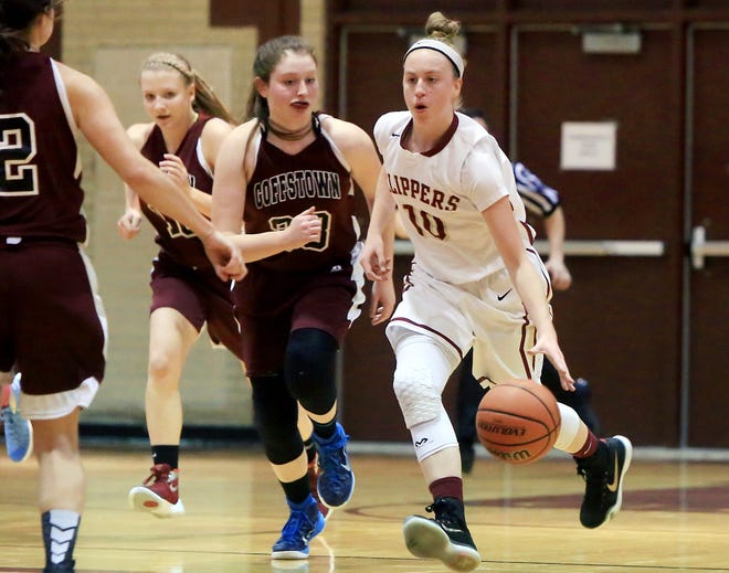 Portsmouth High School's Libby Underwood, right, returns for the Clippers as one of the top guards in the state of New Hampshire.
Photo by Ioanna Raptis/Seacoastonline