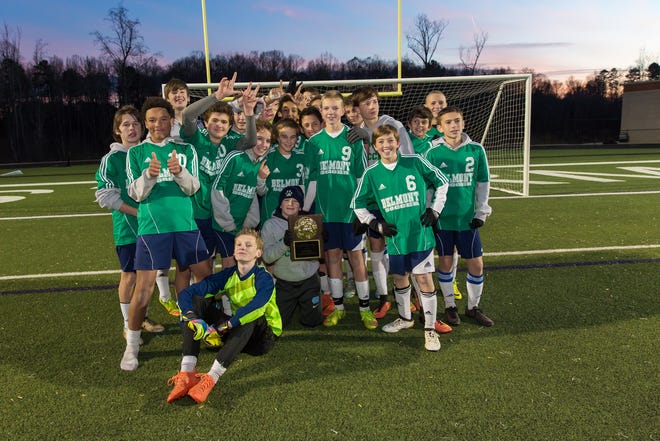 Belmont Middle School celebrates winning the Gaston County Middle School soccer championship after defeating Grier 5-3 Thursday at Stuart Cramer High School. Bill Bostick/Special to The Gazette