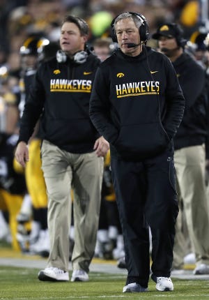 Iowa head coach Kirk Ferentz watches from the sideline during llast month's game against Nebraska. THE ASSOCIATED PRESS