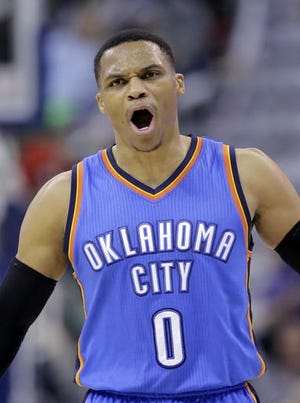 Oklahoma City Thunder guard Russell Westbrook (0) reacts after a turnover against the Utah Jazz in the second half during an NBA basketball game Wednesday, Dec. 14, 2016, in Salt Lake City. The Jazz won 109-89. (AP Photo/Rick Bowmer)