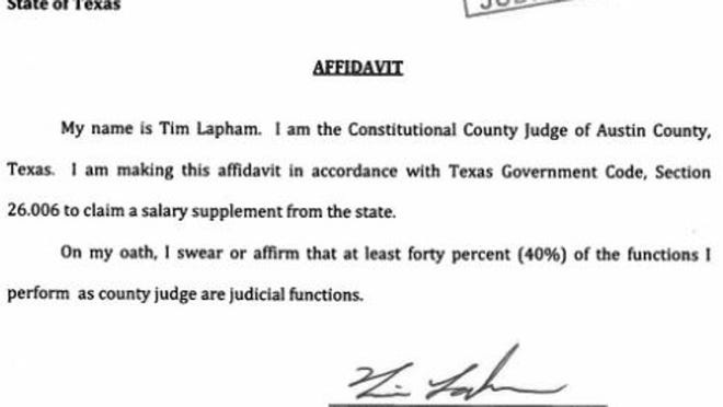To collect $25,200 in supplemental pay, a Texas county judge needs to fill out this form claiming that legal cases make up 40 percent of his or her workload. No further documentation is required.