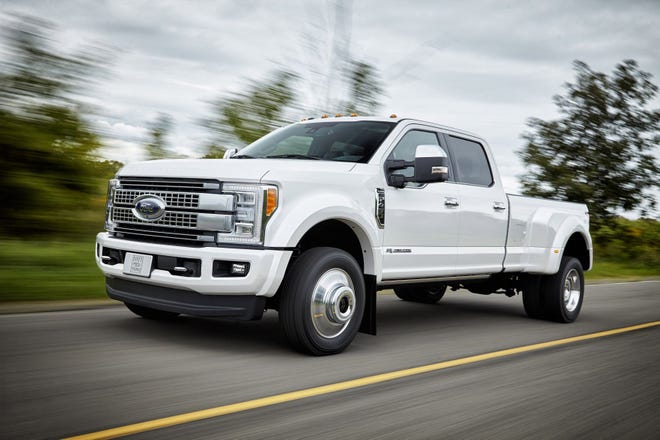 The 2017 Ford F-450 Super Duty Platinum Crew Cab 4x4 Class 3 dual-rear-wheel pickup is the top-of-the-line luxury model and tow boss of the lineup.