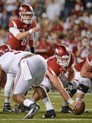 Arkansas center Frank Ragnow lines up against the Alabama defensive line on Oct. 8 at Razorback Stadium in Fayetteville. BRIAN D. SANDERFORD/TIMES RECORD FILE PHOTO