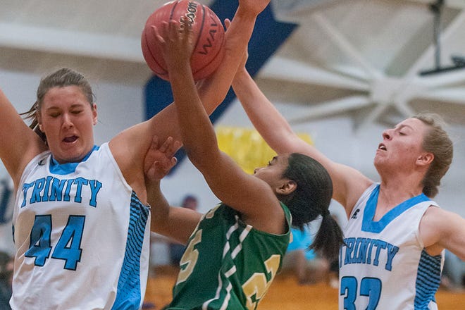 Trinity's Rachel Hunt, left, can dominate inside, but she can also take her game outside and hit the three.