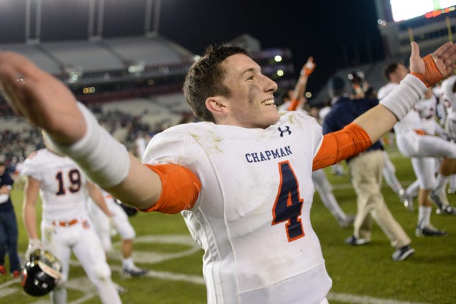 Chapman High quarterback Colton Bailey celebrates after leading the Panthers to a 29-27 victory over Dillon in the 3A state championship game. Bailey has been named the Herald-Journal/GoUpstate Offensive Player of the Year. JOHN BYRUM/Spartanburg Herald-Journal