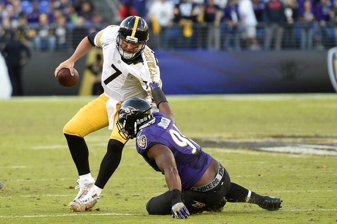 Pittsburgh Steelers quarterback Ben Roethlisberger, left, is sacked by Baltimore Ravens linebacker Matt Judon in the second half of an NFL football game, Sunday in Baltimore.