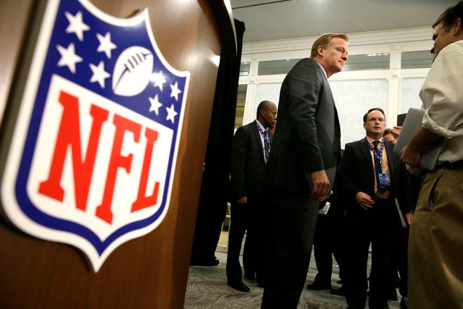 NFL Commissioner Roger Goodell listens to a reporter's question after the NFL football owners meeting in Irving, Texas, Wednesday, Dec. 14, 2016. (AP Photo/LM Otero)