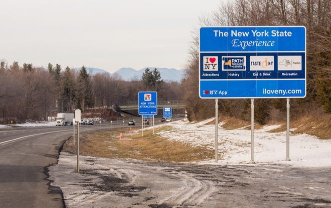 The New York State Experience signs that line the New York State Thurway near New Paltz on Friday. The Federa Highway Admininstration wants the signs removed while the state Department of Transportation wants them to stay. KELLY MARSH/FOR THE TIMES HERALD-RECORD