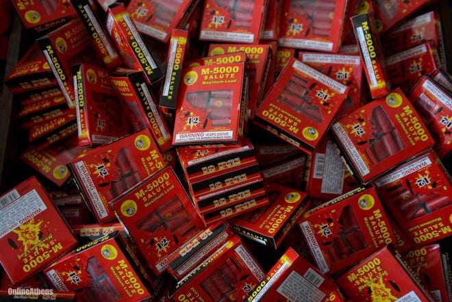 A 2015 photo shows fireworks on display at an Atlanta Highway fireworks retailer. Gov. Nathan Deal’s recent rescinding of a drought-related ban on fireworks in most Georgia counties has cleared the way for individuals to purchase fireworks for private New Year’s Even and New Year’s Day celebrations. (File / OnlineAthens.com/Athens Banner-Herald)