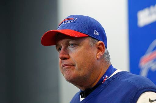 Buffalo Bills head coach Rex Ryan listens to a question during a news conference after an NFL football game against the Miami Dolphins Saturday, Dec. 24, 2016, in Orchard Park, N.Y. The Dolphins won 34-31.(AP Photo/Bill Wippert)