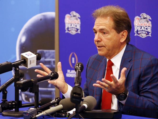 Alabama coach Nick Saban addresses the media during a Chick-fil-A Peach Bowl news conference for the College Football Playoff semifinal at the Marriott Marquis hotel in Atlanta on Monday. Staff Photo/Erin Nelson