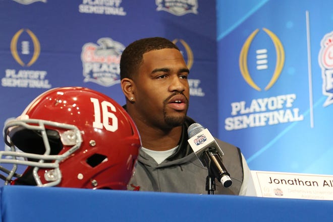 Alabama defensive lineman Jonathan Allen addresses the media during a news conference for the Chick-fil-A Peach Bowl College Football Playoff semifinal at the Hyatt Regency Hotel in Atlanta on Tuesday.