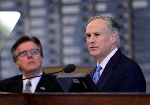 FILE - In this Feb. 17, 2016 file photo, Texas Gov. Greg Abbott, right, delivers his State of the State address to a joint session of the House and Senate in Austin, Texas. Texas Lt. Gov. Dan Patrick is at left. The top two Republican leaders in Texas continue to downplay a possible intraparty battle for governor in 2018, despite Lt. Gov. Patrick's repeated efforts to move to Gov. Abbott's right on key conservative issues. (AP Photo/Eric Gay, File)