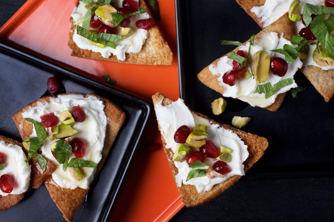 Goat Cheese Pita Toasts with Pomegranate, Pistachio and Mint THE WASHINGTON POST