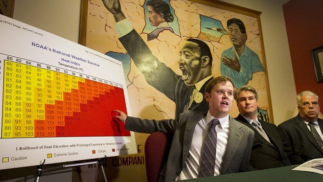 From left, Scott Medlock, director of Texas Civil Rights Project’s Prisoner’s Rights Program, Austin attorney Jeff Edwards and Sidney Webb, the older brother of deceased inmate Robert Allen Webb, discuss federal lawsuits against the Texas prison system in June 2013 involving heat-related deaths. RALPH BARRERA / AMERICAN-STATESMAN