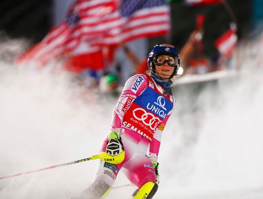 Mikaela Shiffrin reacts at finish line after winning an alpine ski, women's World Cup slalom in Semmering, Austria, Thursday, Dec. 29, 2016. (AP Photo/Giovanni Auletta)