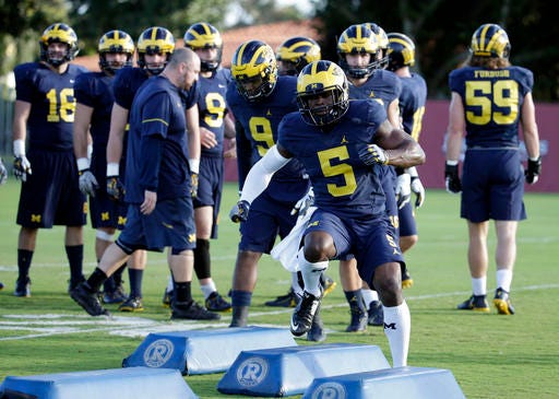 Michigan linebacker Jabrill Peppers (5) runs drills during NCAA college football practice, Tuesday, Dec. 27, 2016, in Miami. Michigan plays Florida State in the Orange Bowl Friday. (AP Photo/Lynne Sladky)