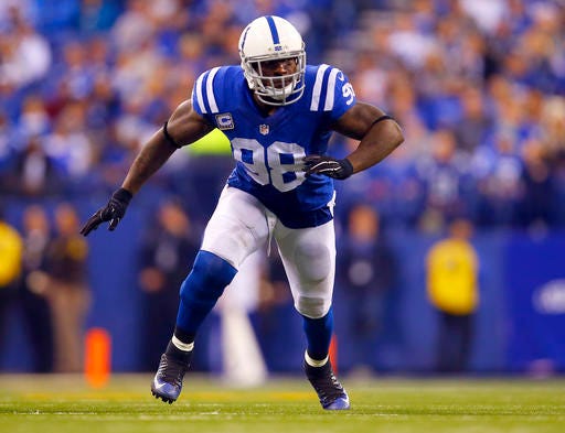 FILE - In this Nov. 29, 2015, file photo, Indianapolis Colts outside linebacker Robert Mathis (98) lines up against the Tampa Bay Buccaneers during an NFL football game in Indianapolis. The Colts play the Jacksonville Jaguars in the season finale Sunday, Jan. 1, 2017. (AP Photo/Jeff Haynes, File)