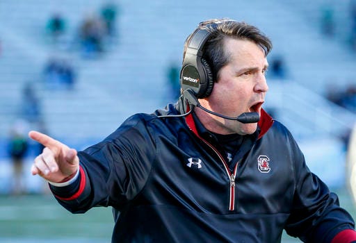 South Carolina head coach Will Muschamp reacts to a play during the second half of the Birmingham Bowl NCAA college football game against South Florida, Thursday, Dec. 29, 2016, in Birmingham, Ala. (AP Photo/Butch Dill)