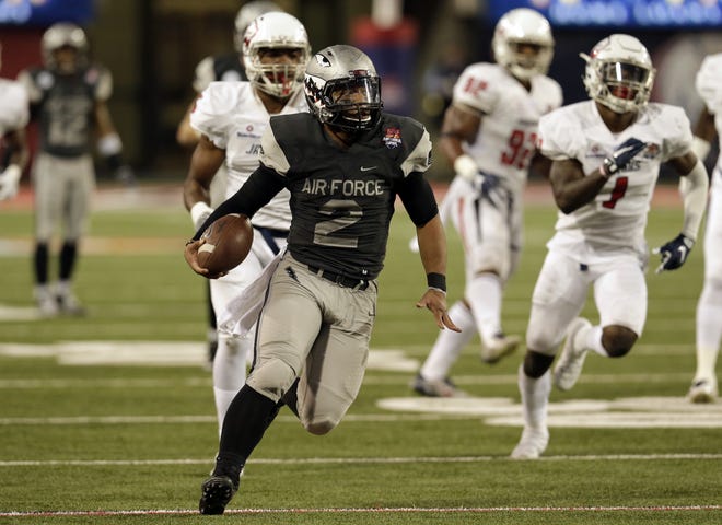 Air Force quarterback Arion Worthman (2) runs for a first down against South Alabama during the second half of the Arizona Bowl on Friday in Tucson, Ariz. The Associated Press