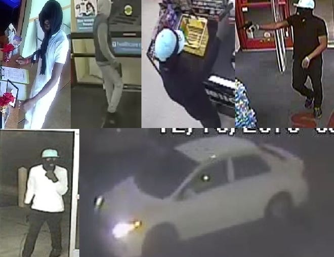 Composite security camera images showing the suspect wanted by area police in numerous armed robberies, as well as an image of the car being driven in some of those cases. (Provided by Jacksonville Sheriff’s Office)