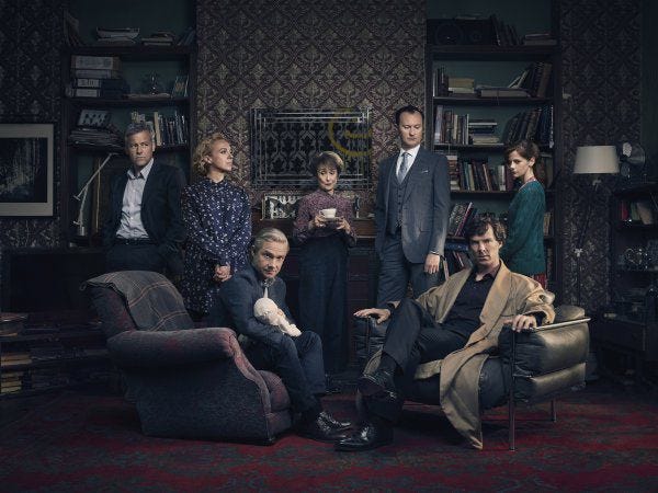 Season 4 of 'Sherlock' brings back Rupert Graves as Lestrade, Amanda Abbington as Mary, Martin Freeman as Watson, Una Stubbs as Mrs. Hudson, Mark Gatiss as Mycroft, Benedict Cumberbatch as Sherlock and Louise Brealey as Molly Hooper.