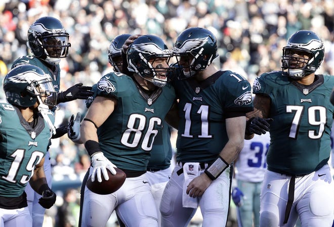 The Eagles' Zach Ertz (86) celebrates his touchdown catch from Carson Wentz (11) during the first half against the Cowboys on Sunday, Jan. 1, 2017, in Philadelphia. The Eagles won 27-13.