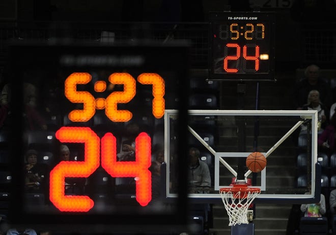 A shot clock is seen at the 24-second mark during a NCAA women's college exhibition basketball game between Connecticut and Vanguard on Nov. 8, 2015, in Storrs, Conn. While the question has been raised on whether the PIAA should implement a shot clock in high school basketball, very little to no progress has been made.