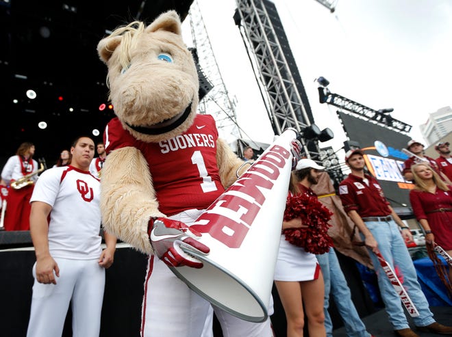 Oklahoma mascot Boomer entertains the crowd during a pep rally for the University of Oklahoma in New Orleans, Sunday, Jan. 1, 2017. The University of Oklahoma football team will play Auburn in the Allstate Sugar Bowl on Monday, Jan. 2. Photo by Sarah Phipps, The Oklahoman