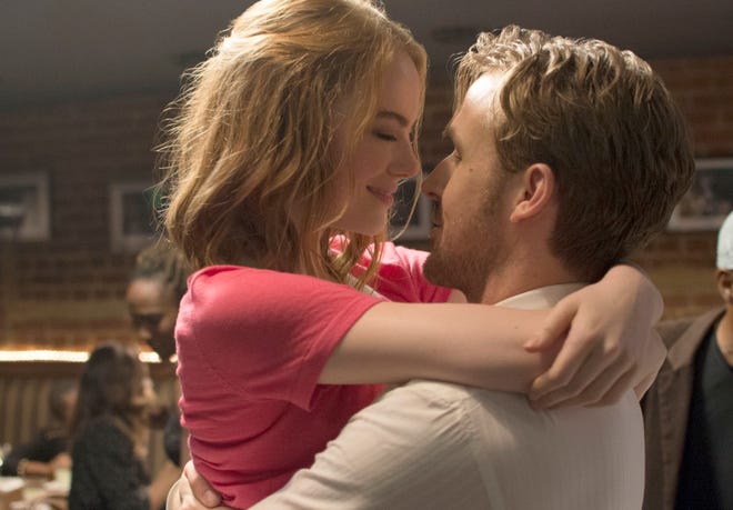 Aspiring actress Mia (Emma Stone), left, and jazz pianist Sebastian (Ryan Gosling) fall in love in the musical film "La La Land." MUST CREDIT: Dale Robinette, Lionsgate